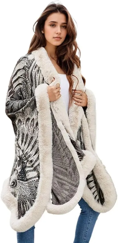 Peacock Pattern Faux Fur Shawl for Women Fur Trim Cardigan Cloak Coat Fur Collar Poncho Cape Wraps for Evening Dresses