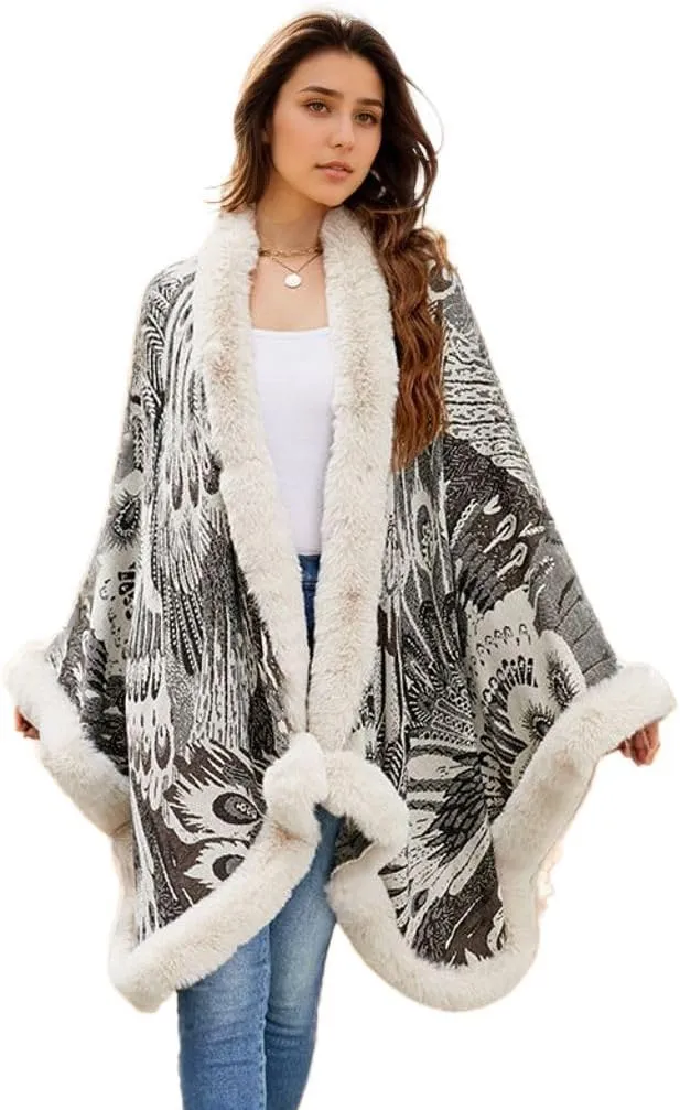 Peacock Pattern Faux Fur Shawl for Women Fur Trim Cardigan Cloak Coat Fur Collar Poncho Cape Wraps for Evening Dresses