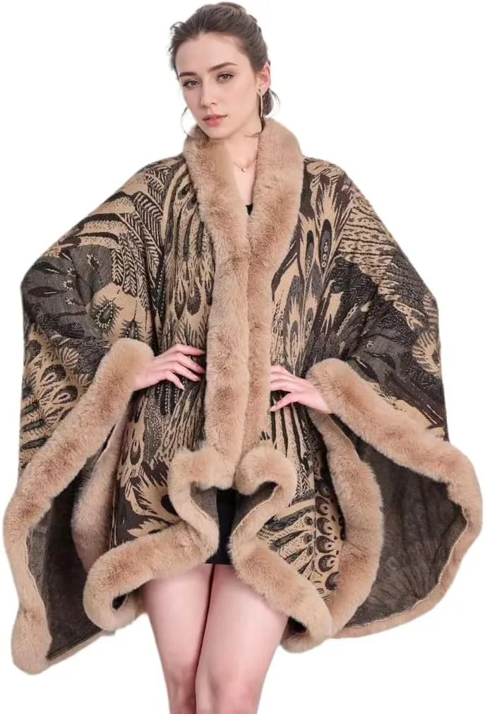 Peacock Pattern Faux Fur Shawl for Women Fur Trim Cardigan Cloak Coat Fur Collar Poncho Cape Wraps for Evening Dresses