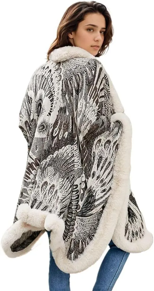 Peacock Pattern Faux Fur Shawl for Women Fur Trim Cardigan Cloak Coat Fur Collar Poncho Cape Wraps for Evening Dresses