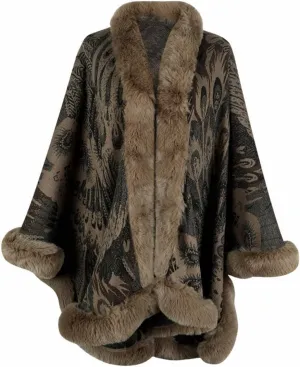 Peacock Pattern Faux Fur Shawl for Women Fur Trim Cardigan Cloak Coat Fur Collar Poncho Cape Wraps for Evening Dresses