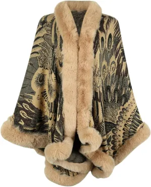 Peacock Pattern Faux Fur Shawl for Women Fur Trim Cardigan Cloak Coat Fur Collar Poncho Cape Wraps for Evening Dresses