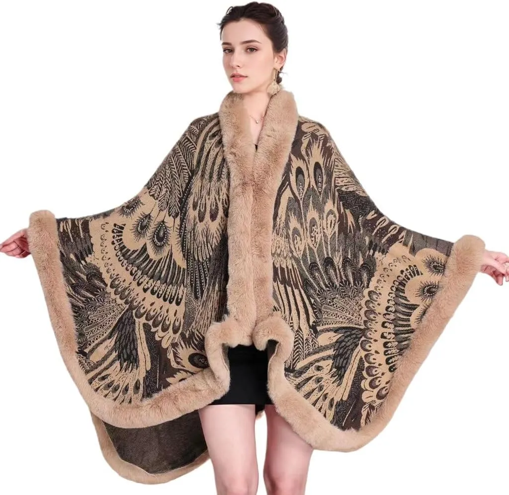 Peacock Pattern Faux Fur Shawl for Women Fur Trim Cardigan Cloak Coat Fur Collar Poncho Cape Wraps for Evening Dresses