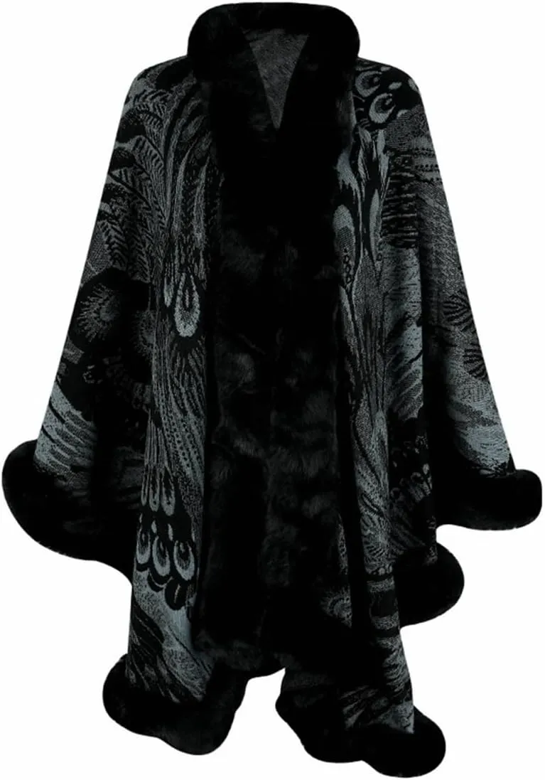Peacock Pattern Faux Fur Shawl for Women Fur Trim Cardigan Cloak Coat Fur Collar Poncho Cape Wraps for Evening Dresses