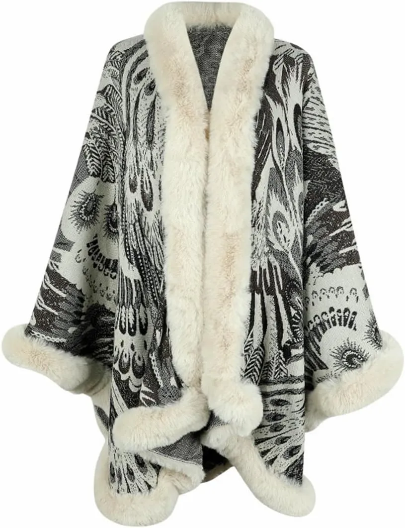 Peacock Pattern Faux Fur Shawl for Women Fur Trim Cardigan Cloak Coat Fur Collar Poncho Cape Wraps for Evening Dresses
