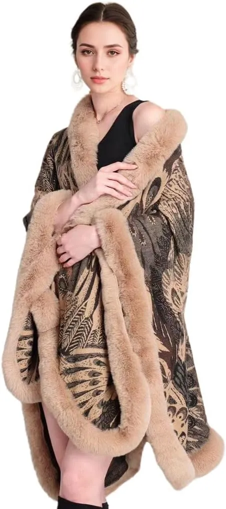 Peacock Pattern Faux Fur Shawl for Women Fur Trim Cardigan Cloak Coat Fur Collar Poncho Cape Wraps for Evening Dresses