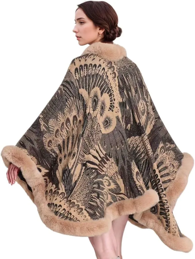 Peacock Pattern Faux Fur Shawl for Women Fur Trim Cardigan Cloak Coat Fur Collar Poncho Cape Wraps for Evening Dresses