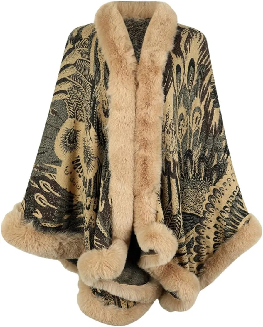 Peacock Pattern Faux Fur Shawl for Women Fur Trim Cardigan Cloak Coat Fur Collar Poncho Cape Wraps for Evening Dresses