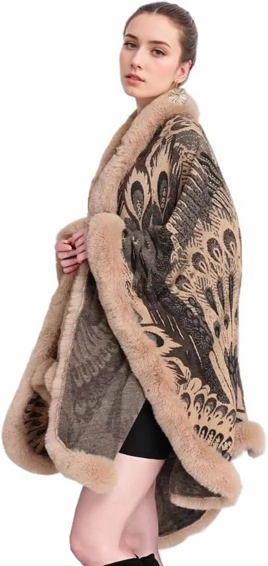 Peacock Pattern Faux Fur Shawl for Women Fur Trim Cardigan Cloak Coat Fur Collar Poncho Cape Wraps for Evening Dresses