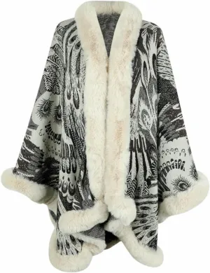 Peacock Pattern Faux Fur Shawl for Women Fur Trim Cardigan Cloak Coat Fur Collar Poncho Cape Wraps for Evening Dresses