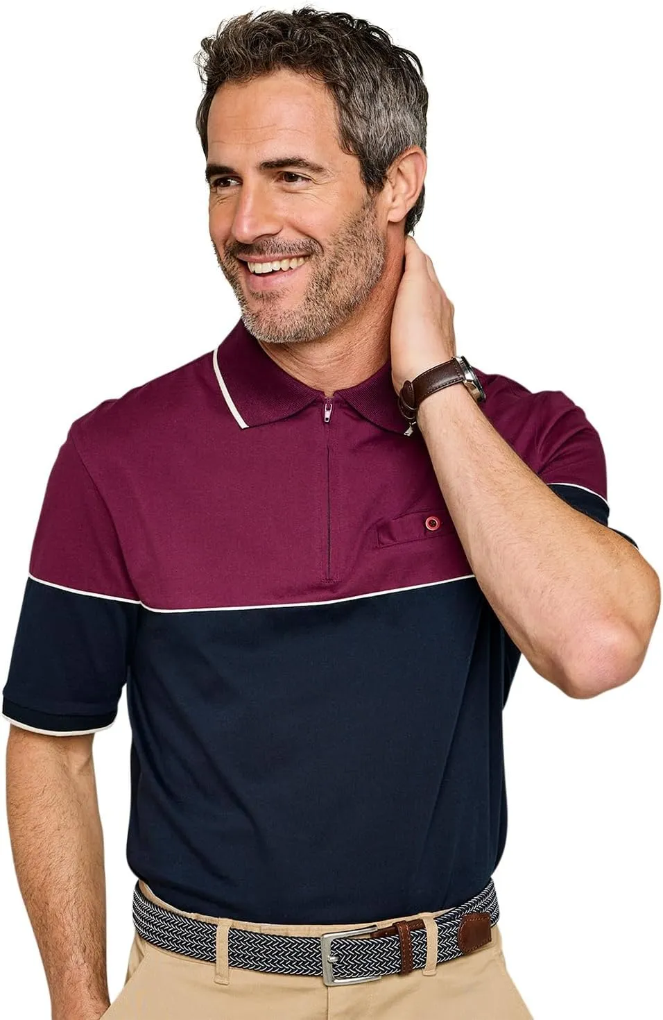 Pegasus Men's Stylish Zip Neck Polo Shirt with Flat Knit Collar, Cuffs & Buttoned Chest Pocket