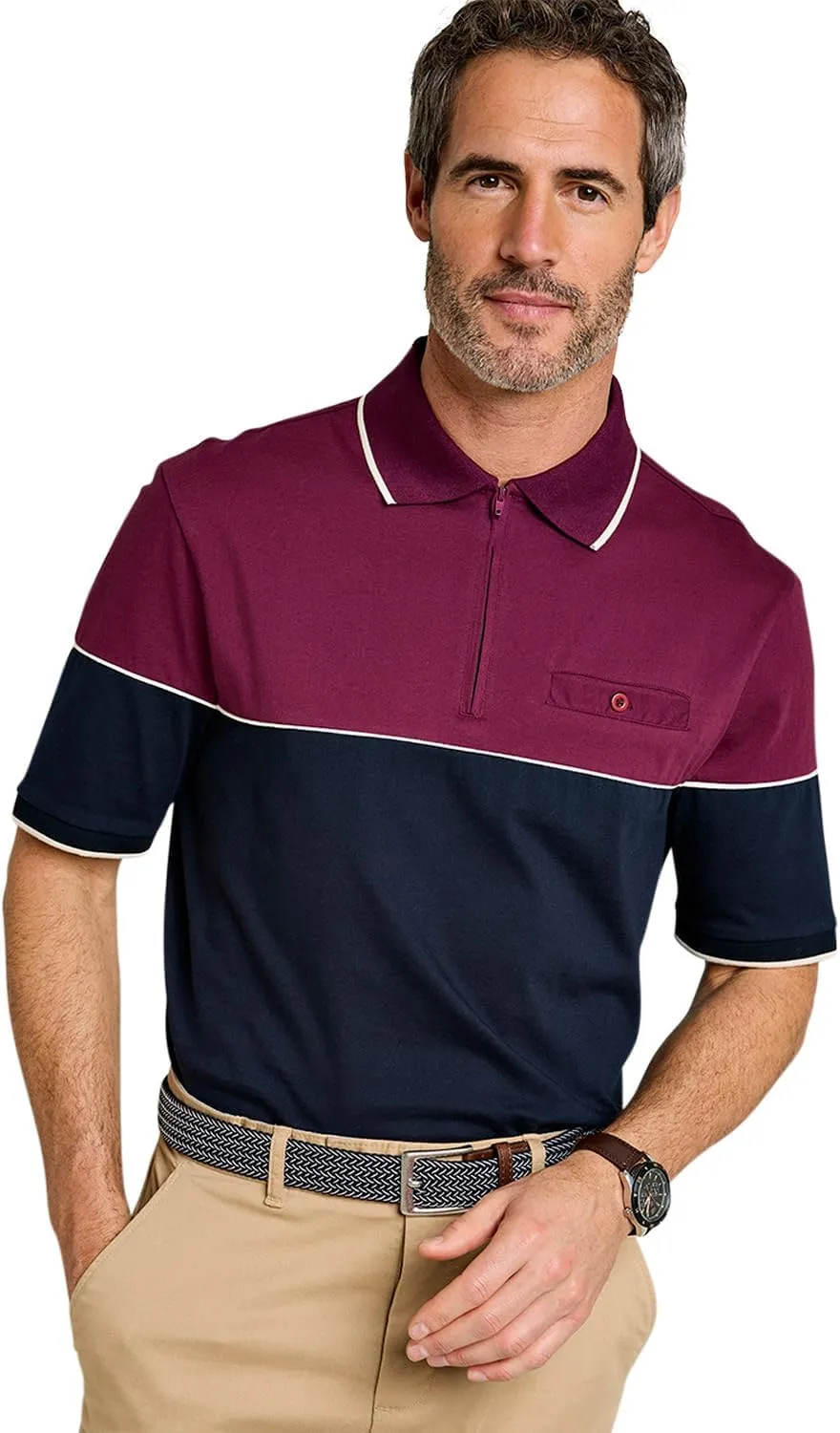 Pegasus Men's Stylish Zip Neck Polo Shirt with Flat Knit Collar, Cuffs & Buttoned Chest Pocket