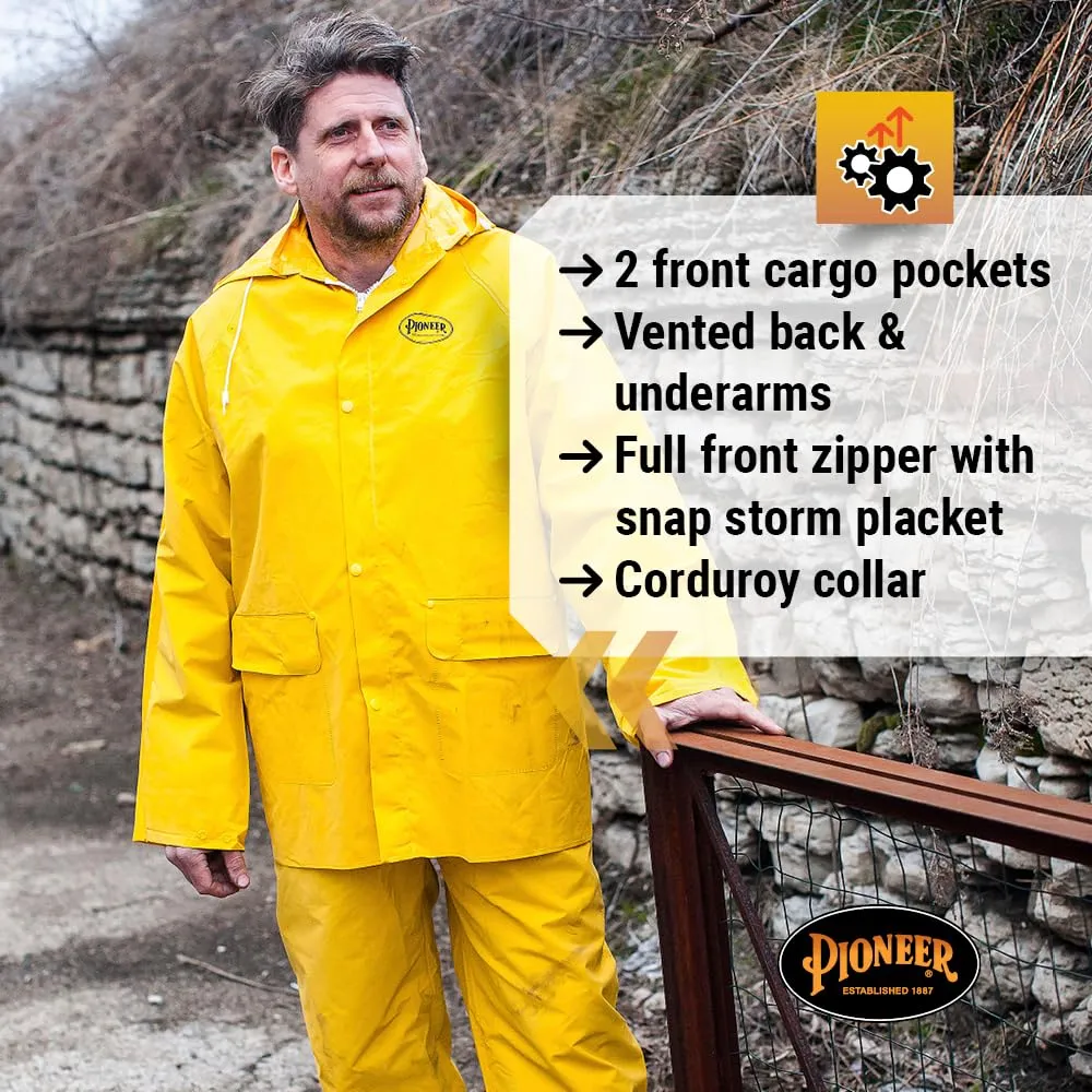 Pioneer Waterproof PVC Work Suit for Men  Repel Rain Gear Yellow Safety Jacket and Bib Pants - 3 PC Set With Detachable Hood