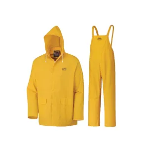Pioneer Waterproof PVC Work Suit for Men  Repel Rain Gear Yellow Safety Jacket and Bib Pants - 3 PC Set With Detachable Hood