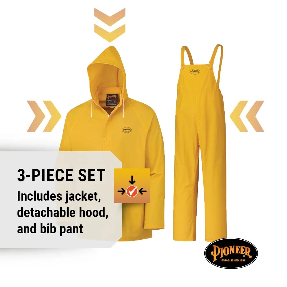 Pioneer Waterproof PVC Work Suit for Men  Repel Rain Gear Yellow Safety Jacket and Bib Pants - 3 PC Set With Detachable Hood