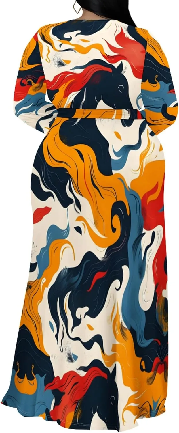 Plus Size Dresses for Women Floral Print Maxi Dress Slit Flowy 3/4 Sleeve with Belt
