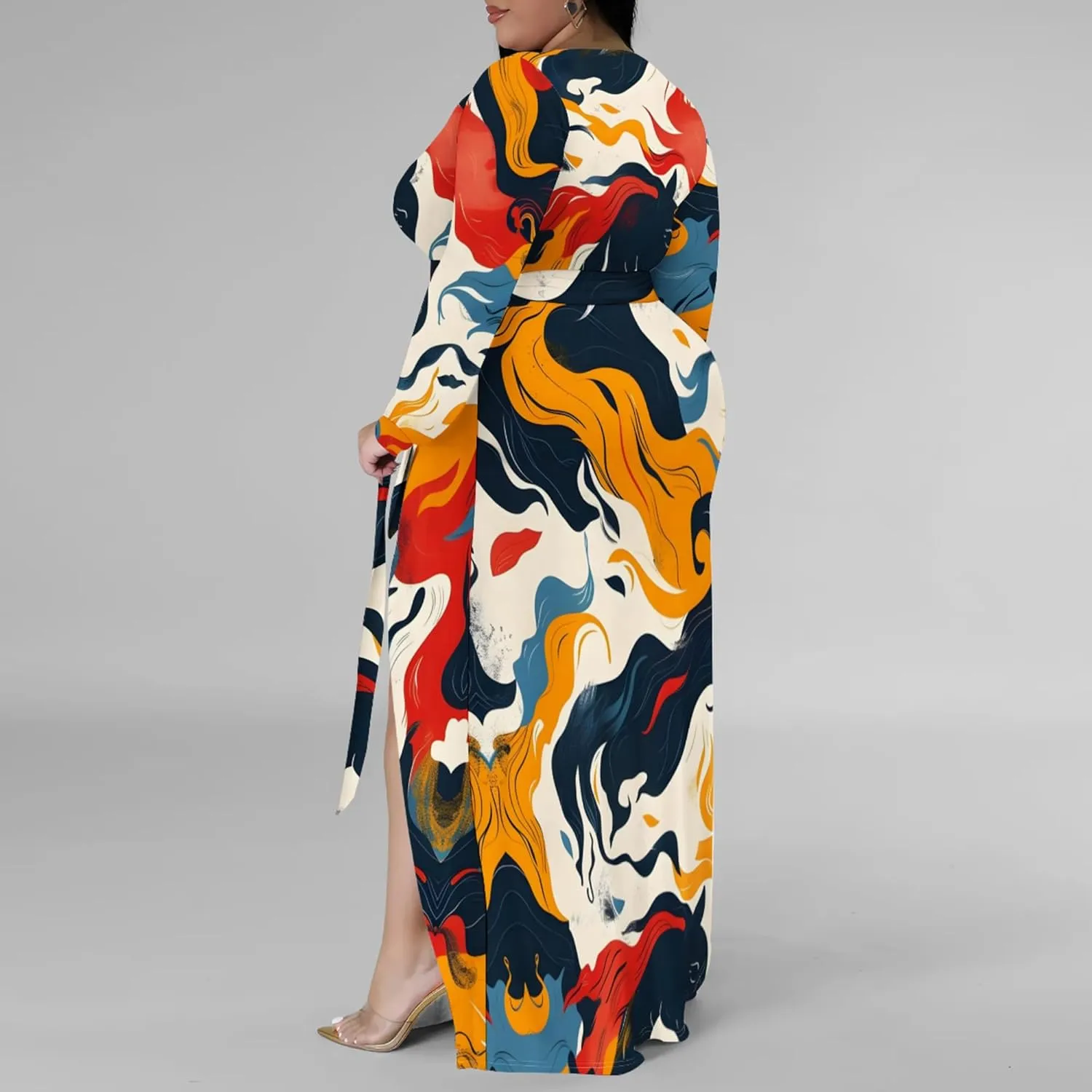 Plus Size Dresses for Women Floral Print Maxi Dress Slit Flowy 3/4 Sleeve with Belt