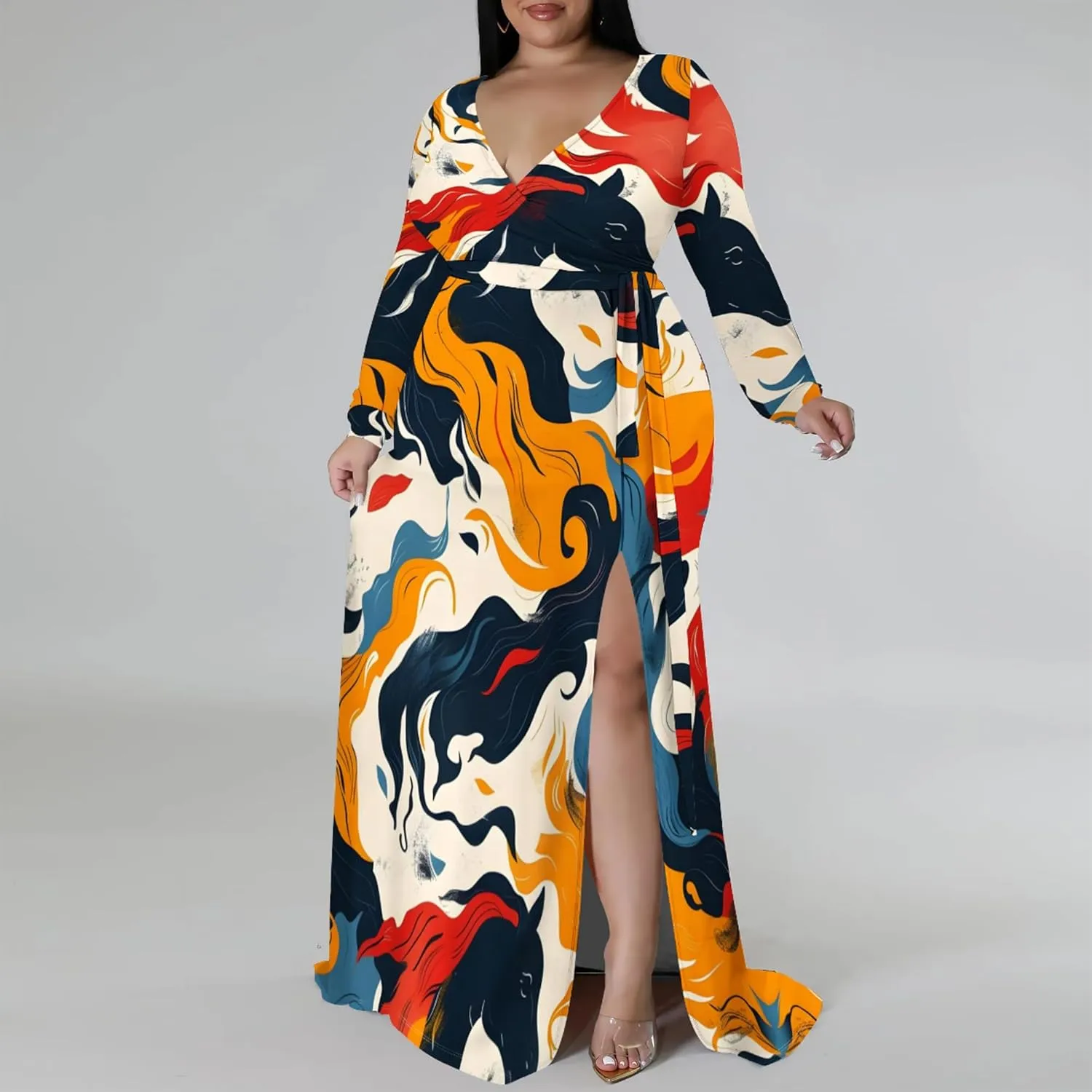 Plus Size Dresses for Women Floral Print Maxi Dress Slit Flowy 3/4 Sleeve with Belt