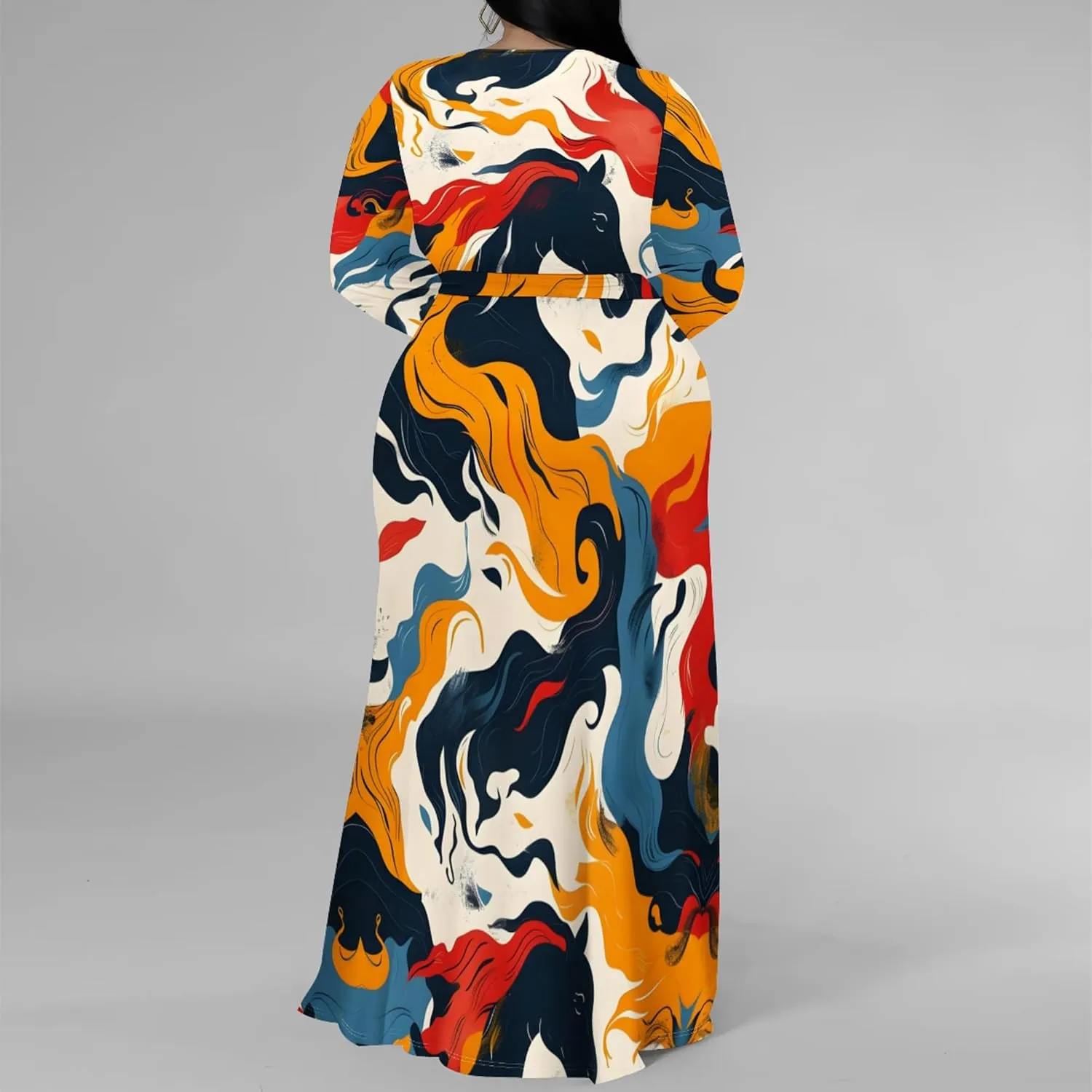 Plus Size Dresses for Women Floral Print Maxi Dress Slit Flowy 3/4 Sleeve with Belt