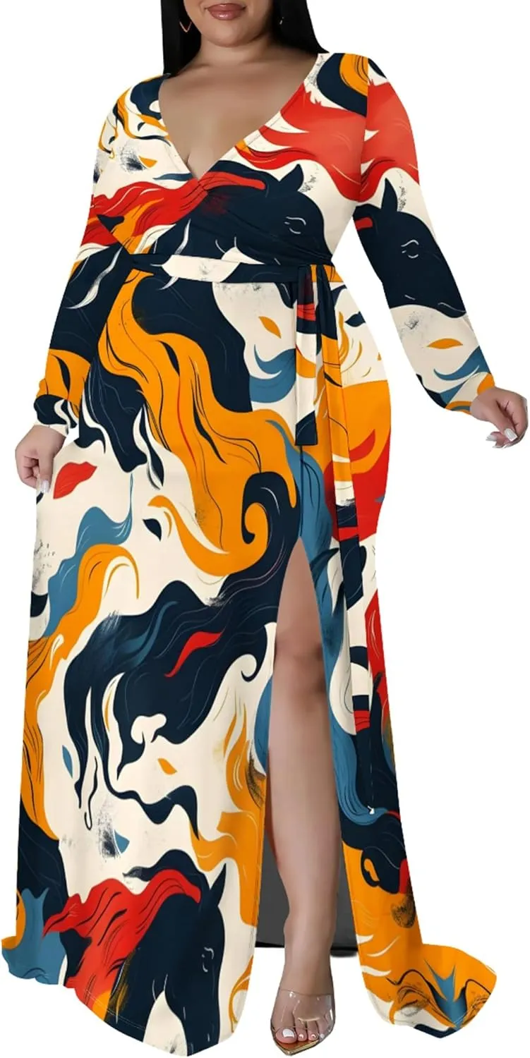 Plus Size Dresses for Women Floral Print Maxi Dress Slit Flowy 3/4 Sleeve with Belt