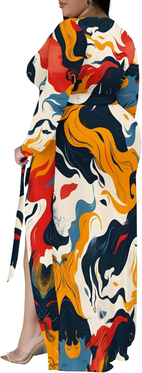 Plus Size Dresses for Women Floral Print Maxi Dress Slit Flowy 3/4 Sleeve with Belt