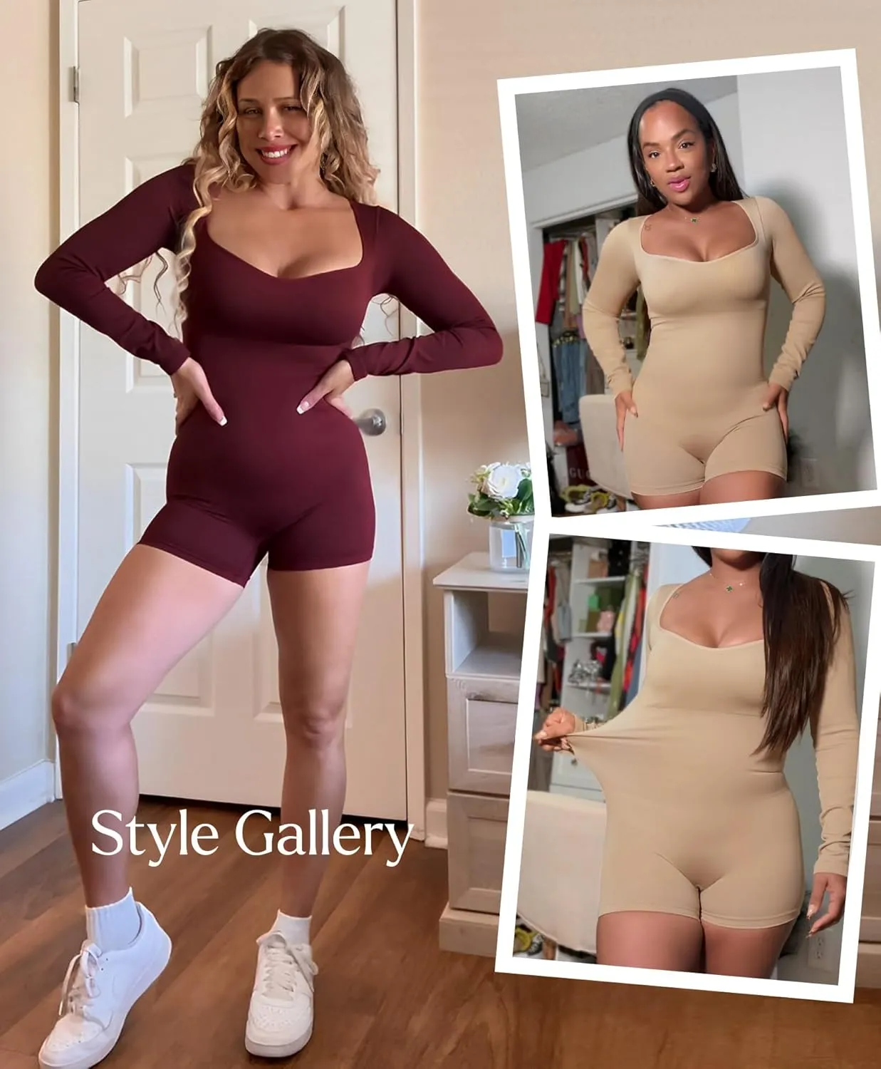 Popilush Long Sleeve Jumpsuit for Women Athletic Romper Ribbed Full Workout Bodysuit Shorts Yoga Sweetheart Neck Body Suits