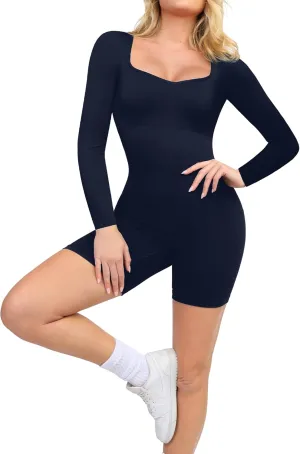 Popilush Long Sleeve Jumpsuit for Women Athletic Romper Ribbed Full Workout Bodysuit Shorts Yoga Sweetheart Neck Body Suits