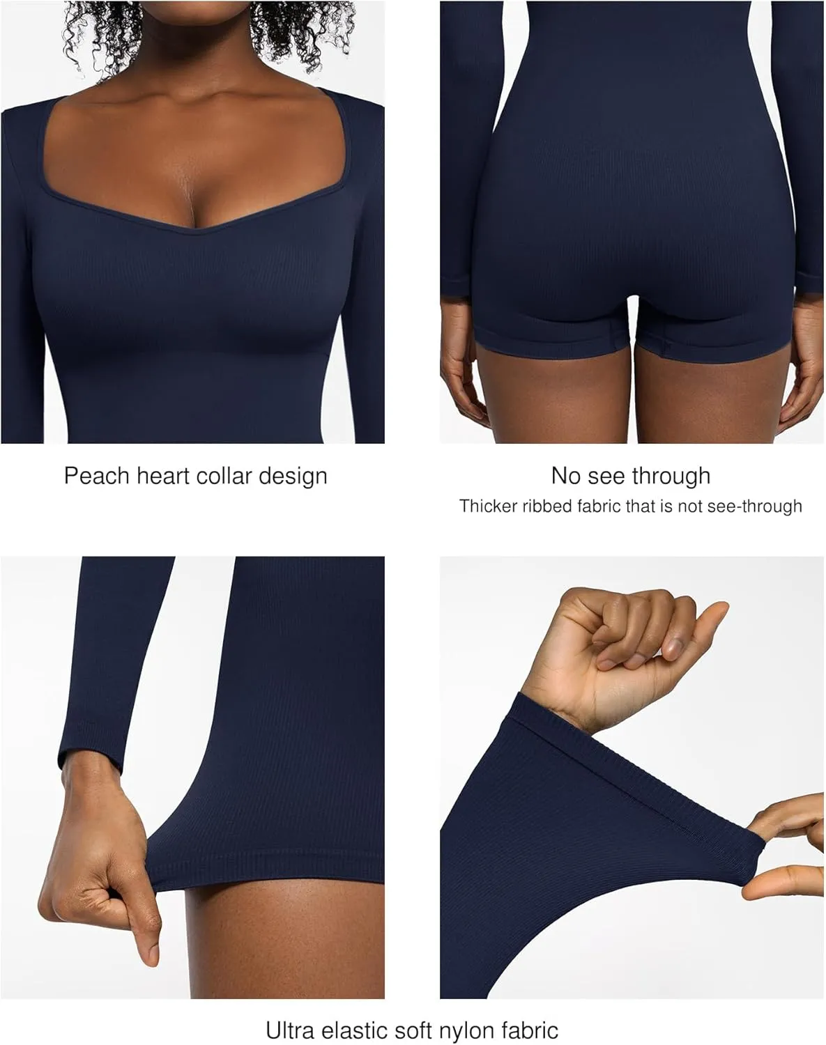Popilush Long Sleeve Jumpsuit for Women Athletic Romper Ribbed Full Workout Bodysuit Shorts Yoga Sweetheart Neck Body Suits