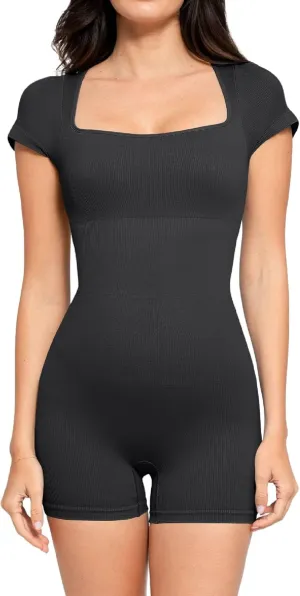 Popilush Shapewear Rompers for Women Short Sleeve Bodycon Jumpsuit Stretchy Square Neck Seamless Playsuit