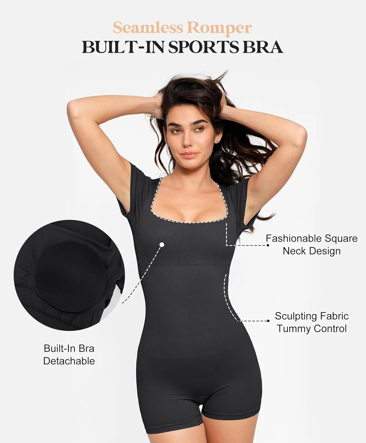 Popilush Shapewear Rompers for Women Short Sleeve Bodycon Jumpsuit Stretchy Square Neck Seamless Playsuit