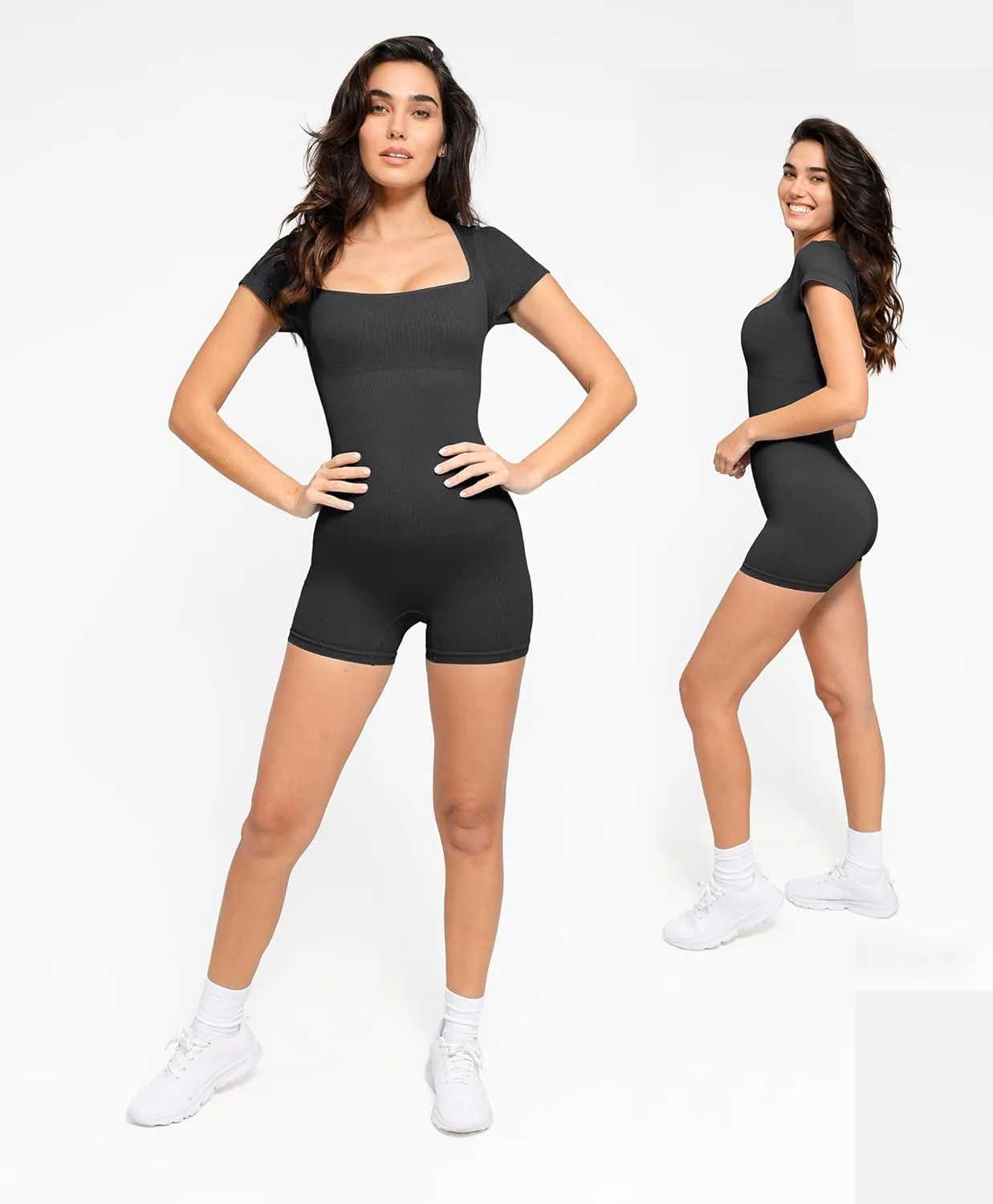 Popilush Shapewear Rompers for Women Short Sleeve Bodycon Jumpsuit Stretchy Square Neck Seamless Playsuit