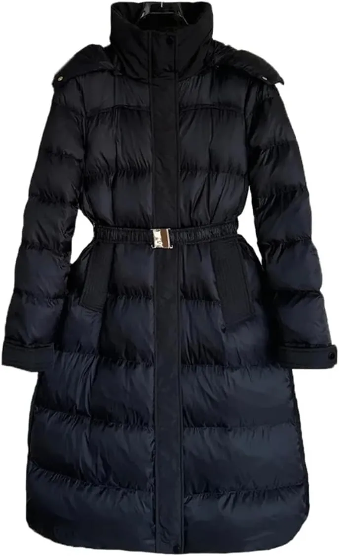 Pulcykp Women Down Jacket Winter High Waist With Belt Hooded Thicken Loose Long Duck Puffer Coat