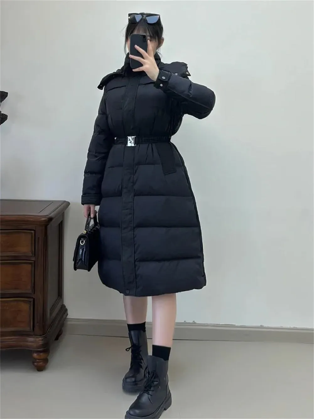Pulcykp Women Down Jacket Winter High Waist With Belt Hooded Thicken Loose Long Duck Puffer Coat