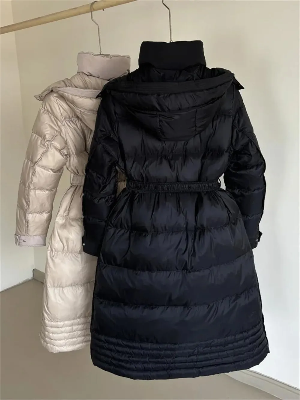 Pulcykp Women Down Jacket Winter High Waist With Belt Hooded Thicken Loose Long Duck Puffer Coat