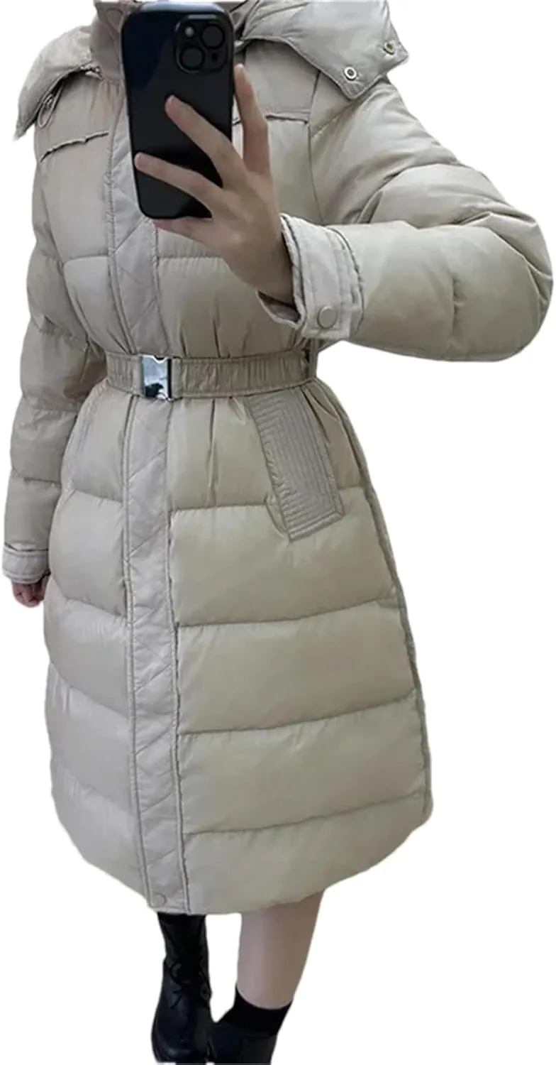 Pulcykp Women Down Jacket Winter High Waist With Belt Hooded Thicken Loose Long Duck Puffer Coat