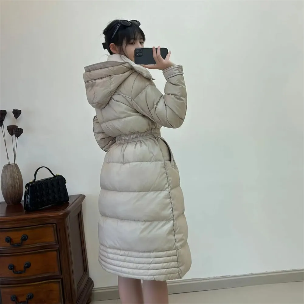 Pulcykp Women Down Jacket Winter High Waist With Belt Hooded Thicken Loose Long Duck Puffer Coat