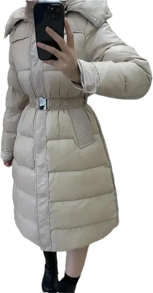 Pulcykp Women Down Jacket Winter High Waist With Belt Hooded Thicken Loose Long Duck Puffer Coat
