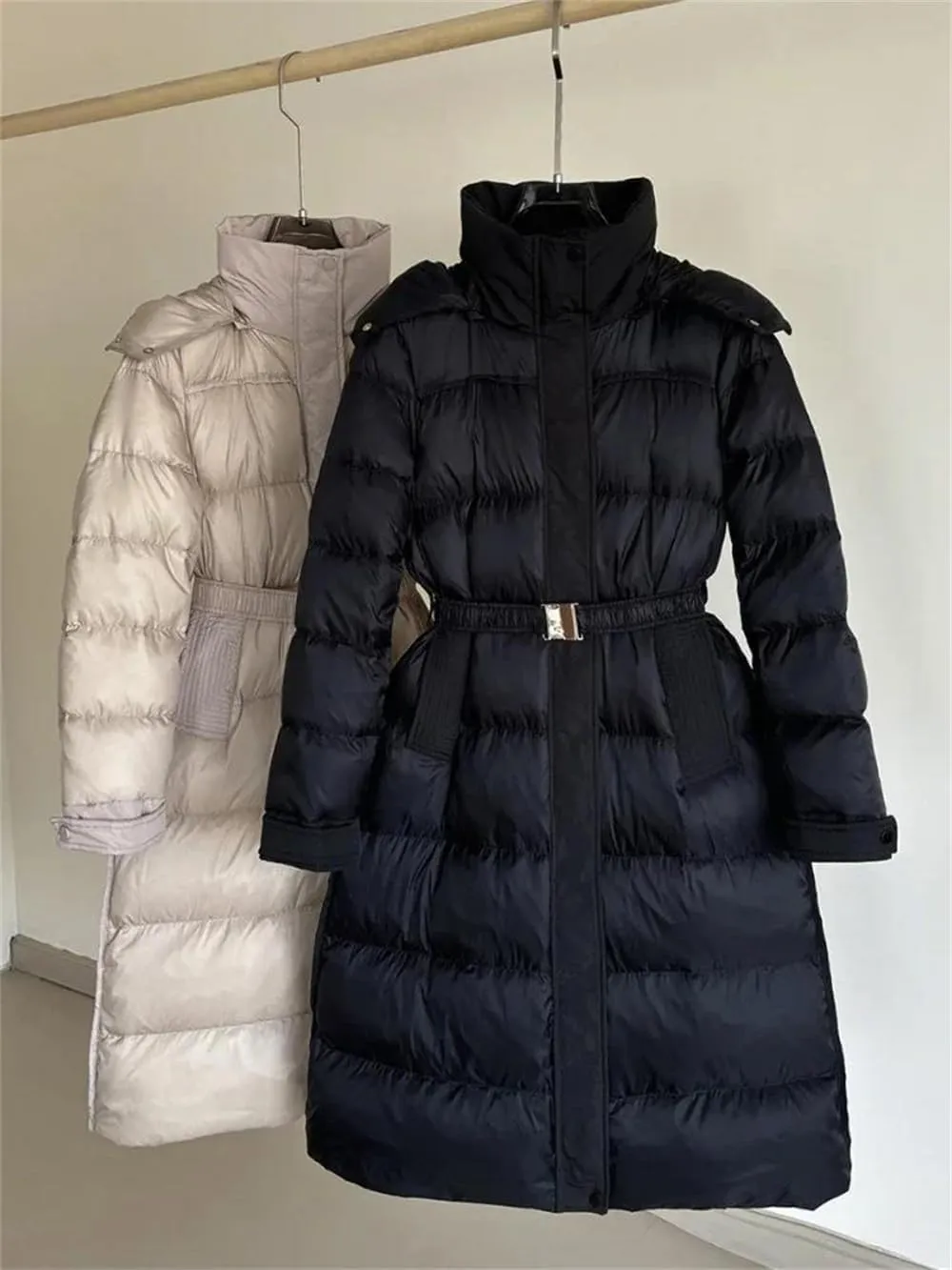 Pulcykp Women Down Jacket Winter High Waist With Belt Hooded Thicken Loose Long Duck Puffer Coat