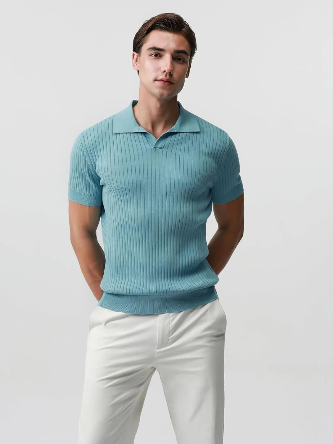 Pure BCI Cotton Short Sleeve Polo Shirts for Men Johnny Collar Sweater High Twist Ribbed Knit Buttonless Top