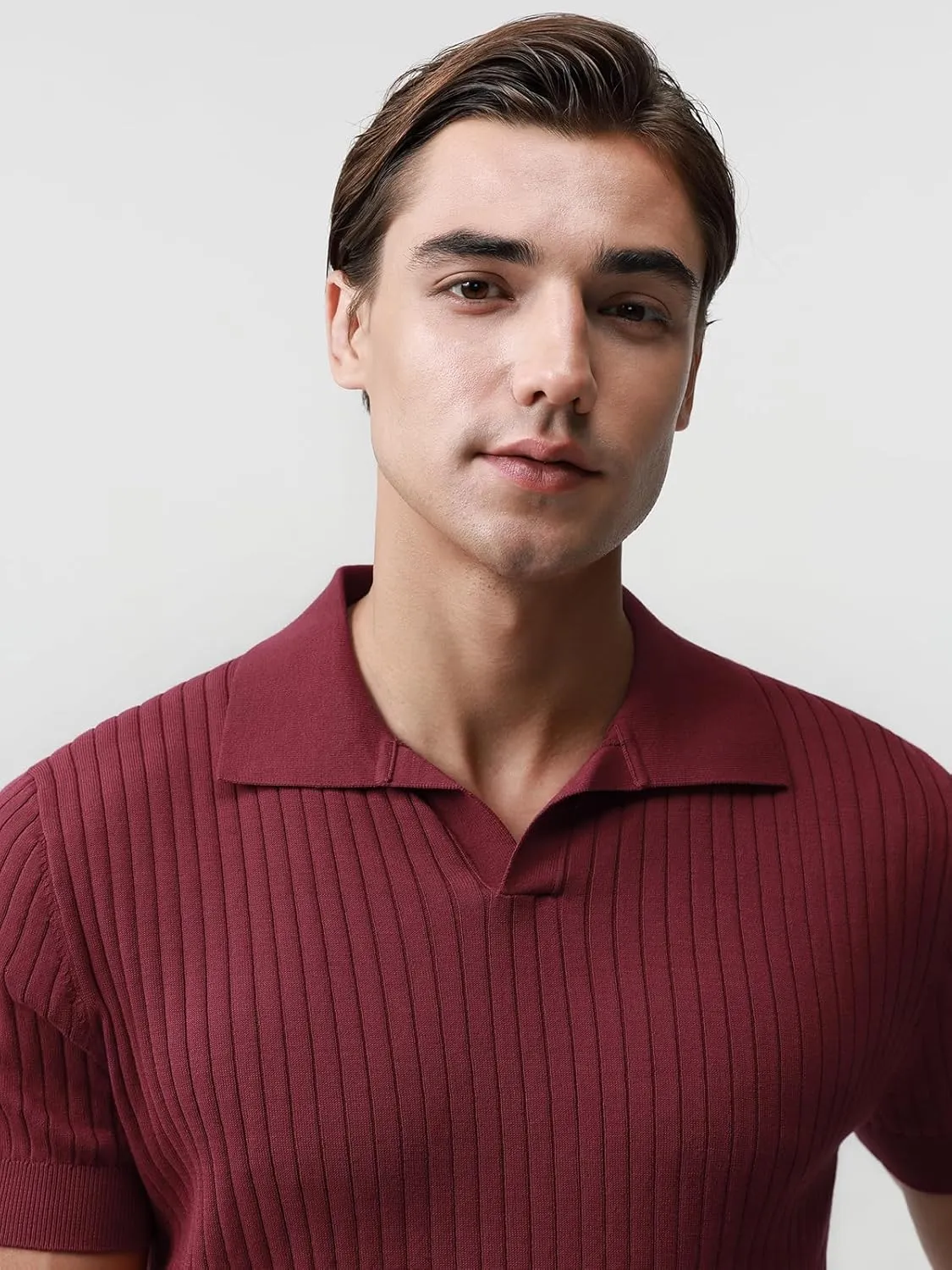 Pure BCI Cotton Short Sleeve Polo Shirts for Men Johnny Collar Sweater High Twist Ribbed Knit Buttonless Top