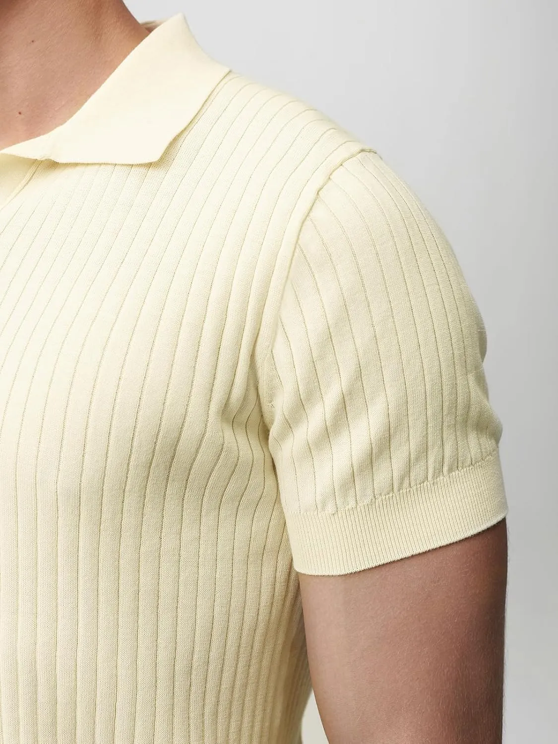 Pure BCI Cotton Short Sleeve Polo Shirts for Men Johnny Collar Sweater High Twist Ribbed Knit Buttonless Top