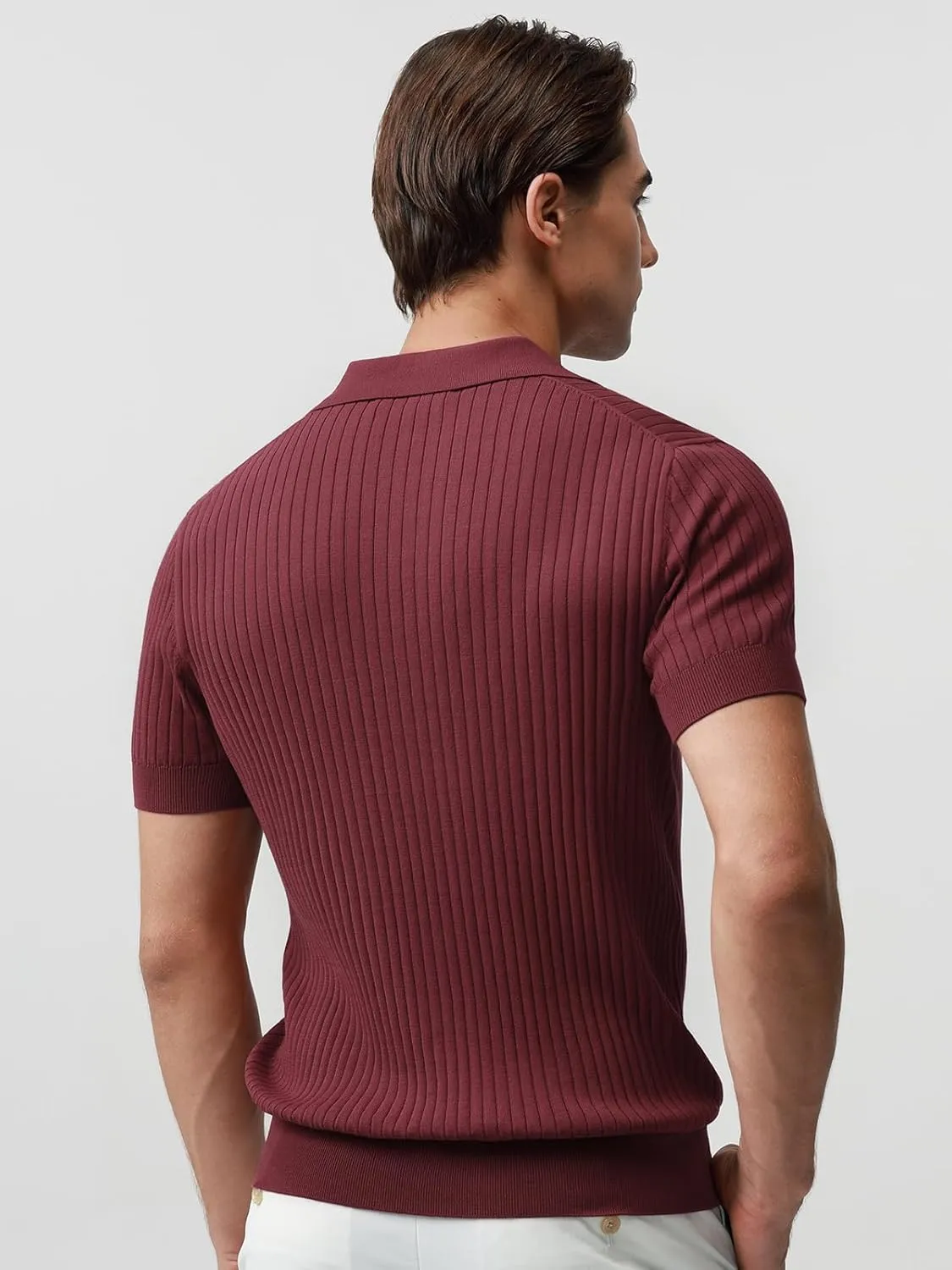 Pure BCI Cotton Short Sleeve Polo Shirts for Men Johnny Collar Sweater High Twist Ribbed Knit Buttonless Top