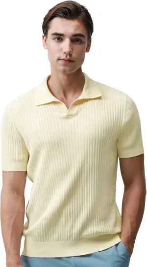 Pure BCI Cotton Short Sleeve Polo Shirts for Men Johnny Collar Sweater High Twist Ribbed Knit Buttonless Top