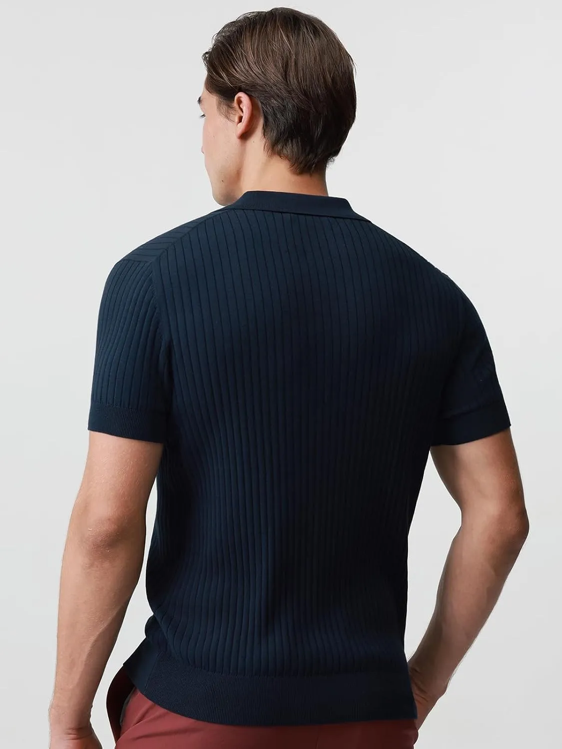 Pure BCI Cotton Short Sleeve Polo Shirts for Men Johnny Collar Sweater High Twist Ribbed Knit Buttonless Top