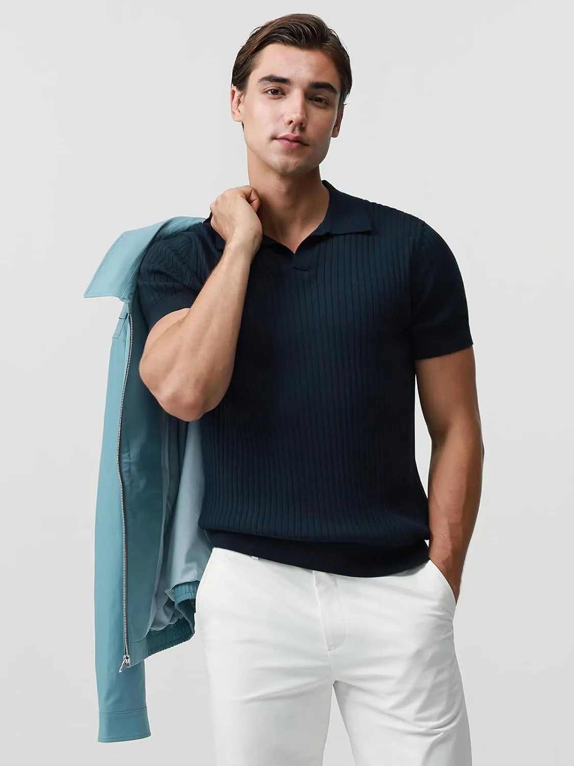 Pure BCI Cotton Short Sleeve Polo Shirts for Men Johnny Collar Sweater High Twist Ribbed Knit Buttonless Top