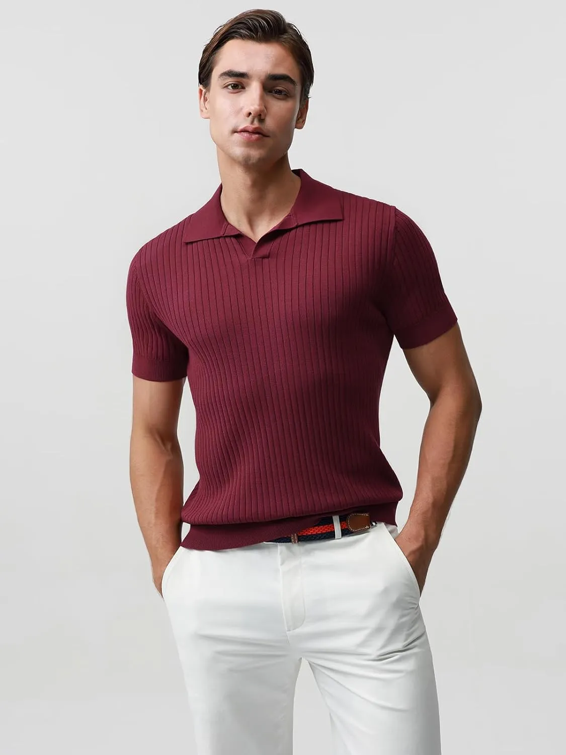 Pure BCI Cotton Short Sleeve Polo Shirts for Men Johnny Collar Sweater High Twist Ribbed Knit Buttonless Top