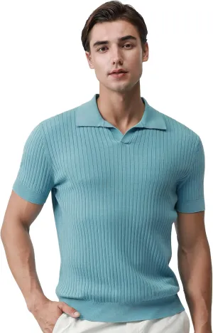 Pure BCI Cotton Short Sleeve Polo Shirts for Men Johnny Collar Sweater High Twist Ribbed Knit Buttonless Top