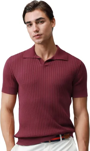 Pure BCI Cotton Short Sleeve Polo Shirts for Men Johnny Collar Sweater High Twist Ribbed Knit Buttonless Top