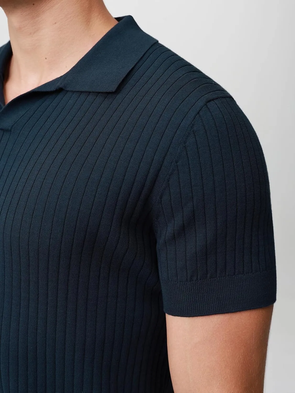 Pure BCI Cotton Short Sleeve Polo Shirts for Men Johnny Collar Sweater High Twist Ribbed Knit Buttonless Top