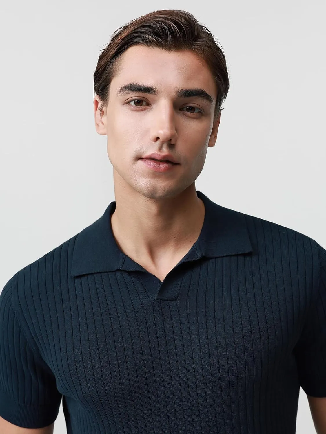 Pure BCI Cotton Short Sleeve Polo Shirts for Men Johnny Collar Sweater High Twist Ribbed Knit Buttonless Top